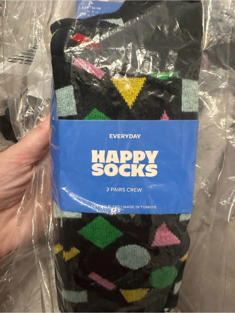 Happy Socks Men’s Black Crew Socks with Multicolor Geometric Shapes